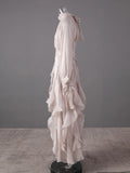 Solid Spliced Ruffles Folds Long Elegant Dresses for Women Lace Up Stand Neck Long Sleevs Tunic Temperament Dress Female