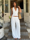 Halter Neck Vest Two-Piece Trouser Set Female Spring Summer New Lace-Up Top Wide-Leg Trousers Pure Cotton Women's Suit
