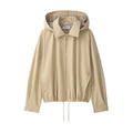 Khaki Hooded Cropped Jacket Faux Two‑inner Zip‑up Plaid Fabric Drawstring Bottom Women Coats Spring Autumn Casual Daily Outfits