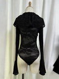 Sexy Club Burgundy Lace Plunge Bodysuit for Women Ruffled Design Long Flare Sleeves Slimming Bodysuits for Luxury Dinners