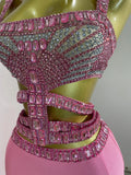 Luxury Birthday Evening Party Set Sparkly Rhinestone Pink Sexy Sleeveless Long Dress Two Pieces Nightclub Party Club Stage Wear