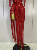 Sexy Sparkly Red Diamonds Tassel Mesh See Through Long Dress Women Eveing Birthday Party Nightclub Singer Stage PhotoShoot Wear