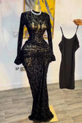 Fall Women Long Sleeve Stacked Mesh See Though with Lining Bodycon Long Dress Evening Birthday Sexy Party Dresses