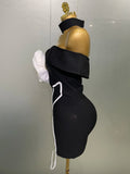 Women Sexy Off Shoulder White Flower Black Mini Bodycon Bandage Dress Luxury Celebrity Evening Club Elegant Party Gowns