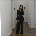 Women Solid Lapel Neck Top Pant Suit Set Elegant Full Sleeve Single Breasted Slim Coat Leg Loose Pants Suit Lady New Chic Sets