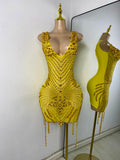 Luxury Rhinestones Mesh Short Dress Women Sexy Transparent Performance Stage Costume Black V Neck Nightclub Birthday Clothes