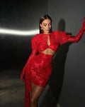 Red White Women Long Sleeve Sexy Lace Draped Bodycon Mini Dress Gloves Nightclub Party Celebrate Birthday Dress