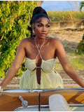 Sexy Yellow Chiffon Halter Maxi Dress Lady Chic Hollow Out Backless Lace Up Sleeveless See Through Robe Female Spring Party Wear