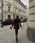 Burgundy Slim Fit Women Blazer Notched Lapel Single Breasted With Pockets Loose Hem Elegant Coat Banquet Outfit Female Clothing