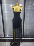 4 Colors Women Sexy Strap Shining Beading Long Tassles Bodycon Long Bandage Dress Elegant Evening Party Celebrate Birthday Wear