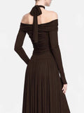 Elegant Women Folds Solid Slim Maxi Dresses Women Halter Neck Long Sleeve High Waist Long Dress Female Party Prom Gowns