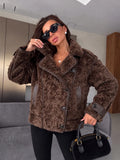 Solid Faux Shearling Coat Women Stand Collar Asymmetric Button Faux Leather Patchwork Winter Streetwear Thick Plush Outerwear
