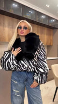 Zebra Print  Fur Collar Puffer Jacket Womens Button Down Trendy Warm Coat Fall Winter Party Club Streetwear Cozy Daily Outerwear