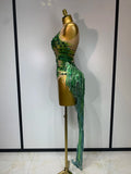 Green Sparkly Rhinestone Tassels Women Sexy Mesh Bodysuit Eveing Party Birthday Latin Dancer Nightclub Performance Stage Costume