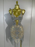 Women Evening Party Luxury Birthday Dress Photo Shoot  Stage Outfit  Sparkly Diamonds Tassel Mesh Transparent Bodycon Mini Dress