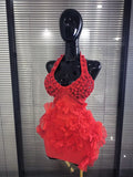 Red Color Women Sexy Halter Backless Shining Crystal Bodycon Mini Bandage Dress Celebrate Evening Party Christmas Clothing