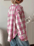 American Streetwear Pink Plaid Shirt for Women Lapel Removable Designer Long Sleeve Casual Shirts Female Fashion