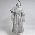 Detachable Triangle Shawl Long Puffer Coat Stand Collar Waist Tie Belt Button Solid Loose Women Coats 2026 Winter Commute Outfit