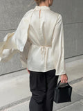 Elegant folds Women Shirts stand collar long Sleeve loose shirt for Office Business Banquet Wear Fashion autumn new