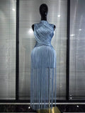 Pink Skyblue Women Sexy O-Neck Bodycon Bandage Long Tassels Gowns Dress Elegant Evening Party Birthday Homecoming Outfit