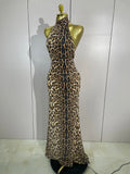 Women Sexy Eveing Party Club Birthday Stage Dress Elegant Halter Leopard Sleeveless Shiny Sequins Backless Bodycon Long Dress