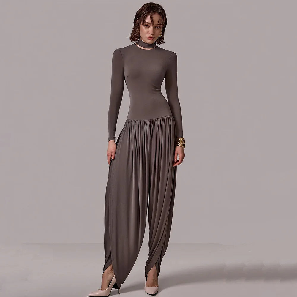 Sexy Hot Girl Solid Color Jumpsuits for Women Round Neck Long Sleeve Backless Side Split Streetwear Jumpsuit Female