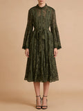 Elegant Vintage Green Lace Midi Dress for Women High Neck Sheert Flare Sleeve Belted Waist Desgin for Luxury Dinners Party