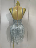 Luxury Sparkly Silver Diamonds Tassel Mesh Sheer Bodysuits Eveing Birthday Party Latin Dancer Bar Nightclub Sexy Stage Costume