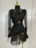 Women Evening Club Party Birthday Dresses Elegant Black High Collar Long Sleeve Solid Mesh Sexy See Through Ruffle Mini Dress