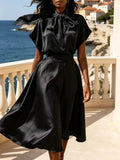 Satin Two Piece Sets for Women Bow Tie Mock Neck Blouse High Waist Flared A‑Line Maxi Skirt for Formal Banquet Party Wear