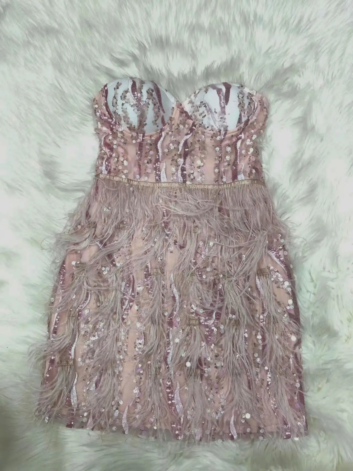 Gorgeous Sequin Embroidered Feather Skirt Glam Tube Top Miniskirt Birthday Party Dinner Performance Wear Cocktail Formal Gown