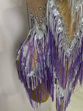 Women Sexy Stretch Mesh Sparkly Rhinestone Tassels Mini Dress Nightclub Singer Dance Stage Costume Evening Gowns