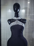 Sexy Halter Neck Cut out Diamonds Bandage Dress Women Black Sleeveless Backless Crystal Bodycon Long Dresses Evening Party Gowns