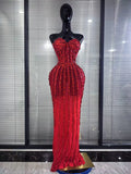 Sparkly Red Golden Big Crystal Women Strapless Mesh See Through Bodycon Long Maxi Dress Elegant Evening Party Cocktail Outfit