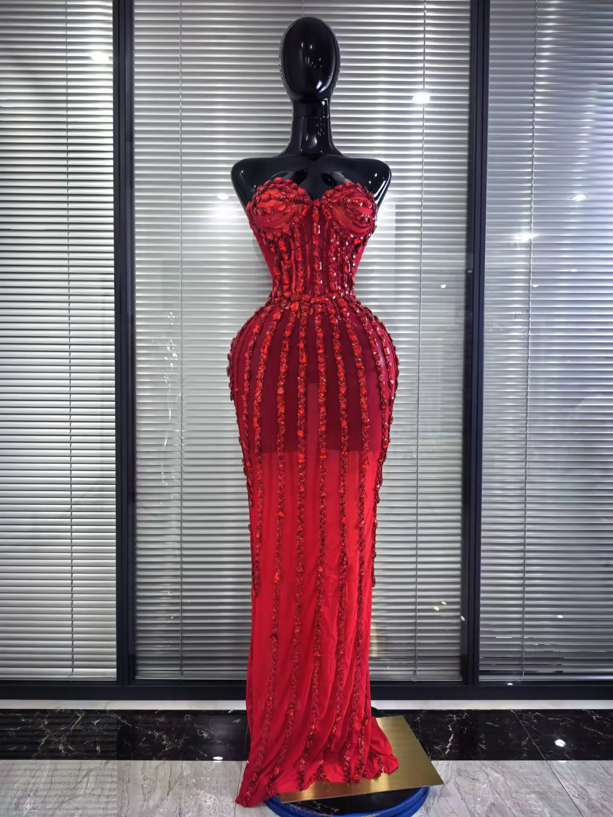 Sparkly Red Golden Big Crystal Women Strapless Mesh See Through Bodycon Long Maxi Dress Elegant Evening Party Cocktail Outfit
