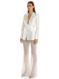 Elegant Beaded pearls blazer pants set Suits women flower white slim blazer +Sexy Mesh See Through sequin Trousers two-piece set