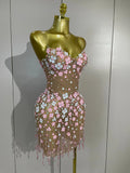 Women Evening Party Birthday Prom Nightclub Stage Costume Luxury Diamonds Chain Pearl Sexy Strapless Mesh See Through Mini Dress