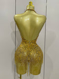 Luxury Golden Rhinestone Sexy Mesh Stretch Bodysuits Women Birthday Dancer Performance Stage Wear Nightclub Team Hotwife Outfit
