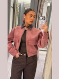 Women's Dusty Pink Corduroy Jacket Fashion Faux Leather Collar Long Sleeve Zipper Cropped Coat Lady 2026 Spring Chic Streetwear