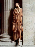 Sexy V Neck Tiered Folds Design Long Dress Women Sleeveless Multi-Layered Draped Temperament Dresses Evening Party Gowns