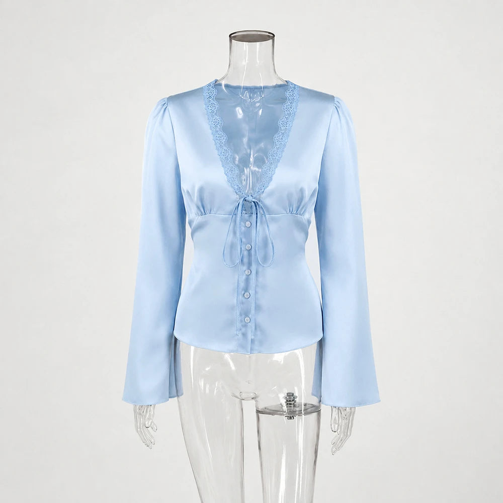 Elegant Summer Tops Women's Fashion Solid V-Neck Lace-Up Long Sleeve Tops New Chic Casual Office Lady Women's T-Shirts
