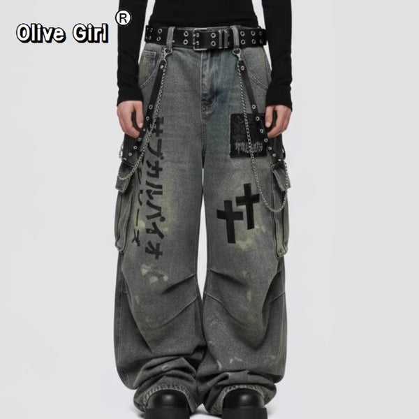 Plus Size Skull Cross Women's Jeans Trousers Denim Pants American Retro Vibe Wide-legged Dragging Oversized Baggy Pants