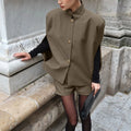 Retro Khaki Shorts Set for Womenstand Collar Sleeveless Cape Vest High Waist Shorts Office Two Piece Sets Female
