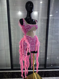 Pink Mesh Ruffles Women Sleeveless Sexy Shining Rhinestones Bodycon Mini Dress Celebrate Bar Singer Birthday Photoshoot Wear