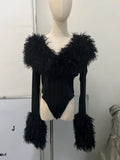 White Faux Curly Fur Bodysuit Women Chic Solid Deep V Long Fluffy Sleeves Shorts Bodysuit 2026 Lady Party Street Matching Suit