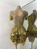 Sexy Women Short Sleeve Sparkly Sequins Stage Dress Luxury Evening Party Nightclub Performance Costume Stage Wear