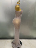 Luxurious Full Rhinestones Mesh Transparent Long Dress Women Birthday Celebrate Evening Prom Dress Party Club Stage Costume