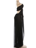 Sexy See Through Dress Women Sexy Halter Chain Backless Irregular Ruched Patchwork Vacation Birthday Party Clubwear