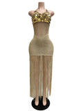 Sexy Cutout Crochet Beach Dress 2026 Summer Women One Shoulder Backless Knitted Sequined Fringe Tassel Midi Dress Clubwear