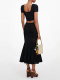 Black 3D Floral Hollow Knit Two Piece Set for Women Square Collar Short Sleeve Crop Top Mermaid Mid Skirt for Beach Vacation